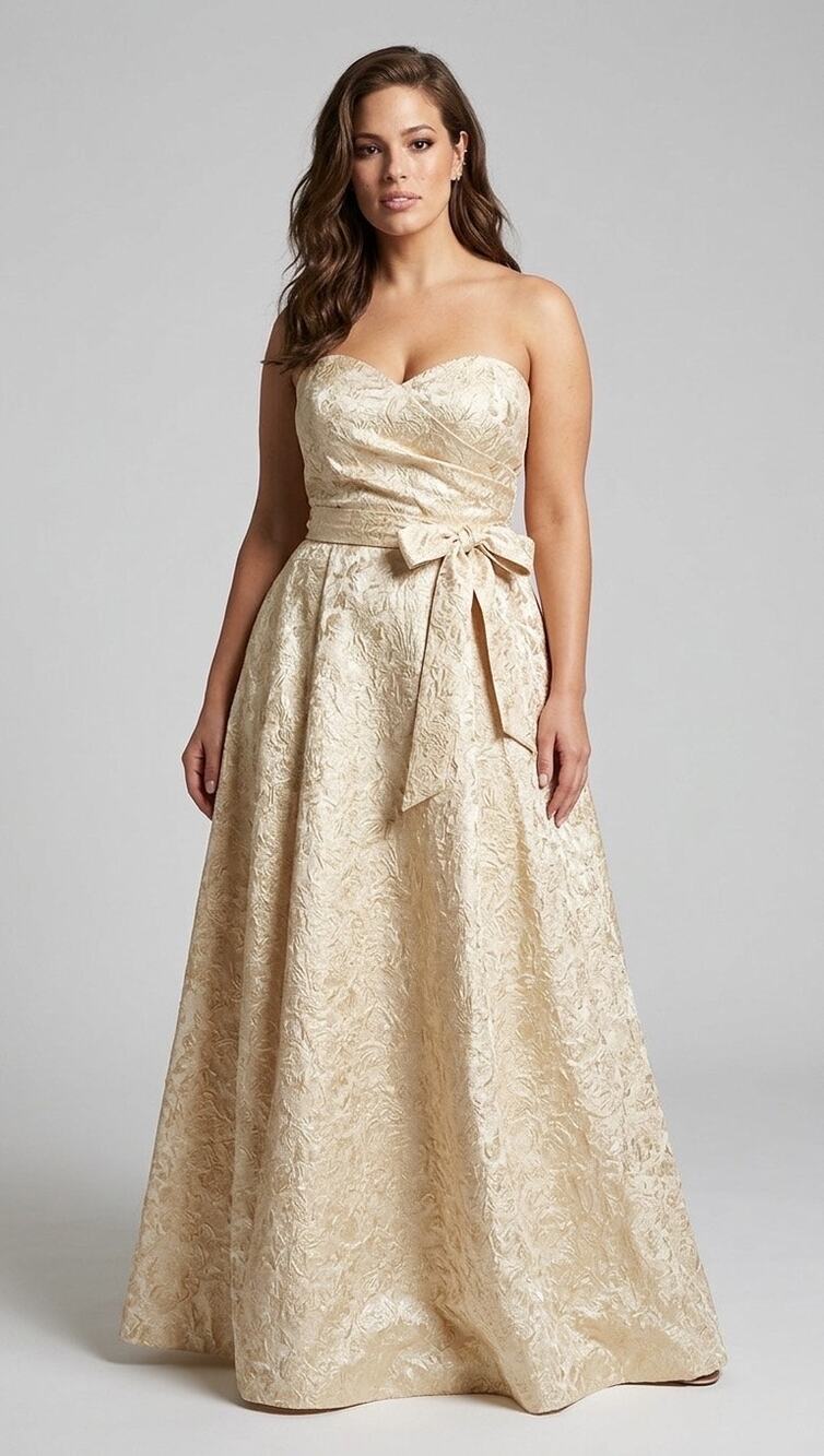 Rene Ruiz Gold Metallic Jacquard Strapless Bow Evening Gown Dress NWT Size 14